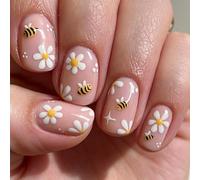 Tastetreasure 24Pcs Bee and Daisy Press on Nails Short, Cute Square Floral False Nails for Women, Spring Summer Yellow Flower Stick on Nails with Jelly Glue and Nail File, Nude Glossy Fake Nails