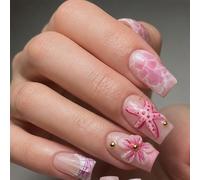 Tastetreasure 24Pcs Ocean Theme Medium Square Press on Nails, Pink 3D Flower Jellyfish Fake Nails with Jelly Glue Kit, Cute Acrylic Stick on Nails for Women Manicure