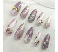Tastetreasure 24Pcs Pink Floral Press On Nails Almond Shape, Glitter & Gold Wire Decor Fake Nails, Iridescent Purple Stick On Gel Nails, Medium Length Elegant False Nails for Women