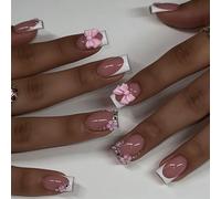 Tastetreasure 24Pcs Short Square French Bow Press on Nails, Pink French Tip False Nails with Rhinestones, Jelly Glue & Nail File for Women