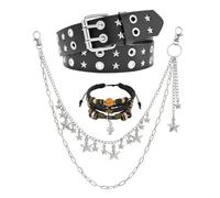 Tastetreasure 3 Pcs Y2K Grunge Accessories Set, Punk Emo Faux Leather Studded Belt, Star Pendant Layered Jean Wallet Chain & Multi-Layer Beaded Bracelet for Women Men Goth Alt Style