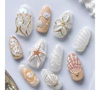 Tastetreasure 30 Pcs 3D Flower Press on Nails, Orange Ocean Almond False Nails with Shell Starfish Charms, Glue on Nails Kit for Women Summer Nail Art