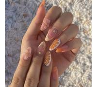 Tastetreasure 30 Pcs Press on Nails Almond False Nails with 3D Flowers & Shells, Orange Ocean Theme Stick on Nails, Cute Acrylic Fake Nails Kit with Adhesive Tabs File & Stick