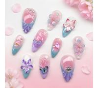 Tastetreasure 30 Pcs Press on Nails Almond False Nails with 3D Relief Flowers & Butterflies, Pink Purple Gradient Gel Fake Nails Kit with Adhesive Tabs File & Stick for Women