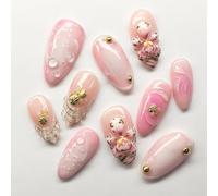 Tastetreasure 30 Pcs Press on Nails Almond False Nails with 3D Shell Ocean Elements, Pink Stick on Nails for Women, Cute Acrylic Fake Nails, Gel Nail Press Ons Kit with Adhesive Tabs File & Stick