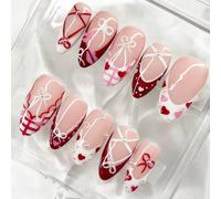 Tastetreasure 30 Pcs Press on Nails Almond, Red Heart & Ribbon Design False Nails, Glue on Nails for Women with Wood Stick & File, Full Size Reusable Acrylic Fake Nails Kit, Burgundy/White