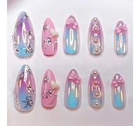 Tastetreasure 30 Pcs Press on Nails Long Almond, 3D Cat Eye Fake Nails with Bows & Hearts Design, Luxury Shimmering Glossy False Nails with Glue Stickers & Nail File, Reusable Acrylic Stick on