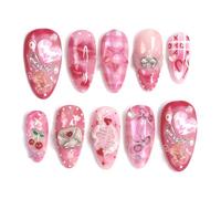 Tastetreasure 30 Pcs Valentine's Day Press on Nails Long Almond, 3D Heart & Cherry Pink Fake Nails with Love Letter Design, Luxury Shimmering Glossy False Nails with Jelly Glue & Nail File Kit,