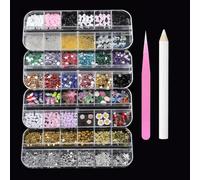 Tastetreasure 3000+ Pcs Nail Art Rhinestones & Charms Kit, 4 Boxes 48 Grids 3D Flowers Fruit Animals & Colorful Gems Set with Tweezers & Wax Pen, AB Crystals Heart Star Beads for DIY Crafting Nails