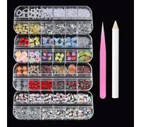 Tastetreasure 3000+ Pcs Nail Art Rhinestones & Charms Kit, 4 Boxes 48 Grids 3D Flowers Fruit Animals Colorful Gems Set with Tweezers & Wax Pen, AB Crystals Heart Star Beads for DIY Crafts