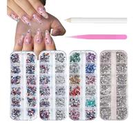 Tastetreasure 3000+ Pcs Nail Art Rhinestones & Charms Kit, 4 Boxes 48 Grids Multi-Shape Colorful Gems Set with Tweezers & Wax Pen, AB Crystals Butterfly Hearts Flowers for DIY Crafts Nails