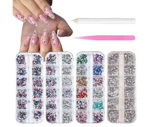 Tastetreasure 3000+ Pcs Nail Art Rhinestones & Charms Kit, 4 Boxes 48 Grids Multi-Shape Colorful Gems Set with Tweezers & Wax Pen, AB Crystals Butterfly Hearts Flowers for DIY Crafts Nails