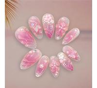 Tastetreasure 30Pcs 3D Floral Press on Nails, Aurora Pink Fishtail French Blush Almond False Nails with Cute Bow Charms & Pearls, Glossy Full Cover Fingernails for Women Kit with Jelly Glue File