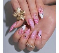 Tastetreasure 30Pcs Almond Press on Nails, Pink Blush 3D Flower Fake Nails with Rhinestones Starfish, Beach Island Style Stick on Nails for Women, Cute Acrylic False Nails with Jelly Glue Kit, 1