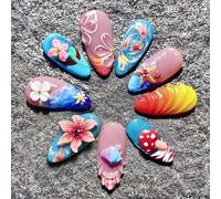 Tastetreasure 30Pcs Almond Press on Nails, Summer 3D Flower Koi Fish Fake Nails, Handmade Style Shimmering Cat Eye Stick on Nails for Women, Luxury Acrylic False Nails with Glue Tabs Kit