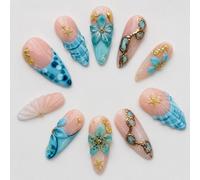 Tastetreasure 30Pcs Luxury Ocean Press on Nails, 3D Flower Shell Almond False Nails with Gold Chrome Metallic Lines Starfish, Glossy Full Cover Fingernails for Women Kit with Jelly Glue File