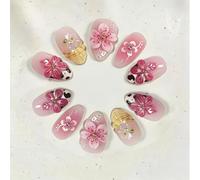 Tastetreasure 30Pcs Short Almond Press on Nails, 3D Flower French Blush Gradient False Nails with Leopard Print Patterns & Pearls, Cute Glossy Full Cover Fingernails for Women Kit with Jelly Glue