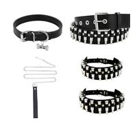 Tastetreasure 5 Pcs Y2K Accessories Set Includes Bullet Studded Belt, Choker to Bracelet Slave Chain, Black Neckband & 2 Adjustable Leg Garters (60/70cm) - Grunge Goth Alt Outfits