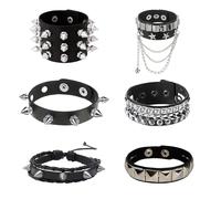 Tastetreasure 6 Pcs Punk Rock Leather Studded Bracelets Set, Gothic Spiked Rivet Bracelets for Men Women, Y2K Emo Biker Wristbands with Pyramid Studs & Chains, Punk Jewelry Accessories