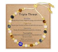 Tastetreasure Evil Eye Protection Bracelet for Women & Men, Adjustable Gold Beaded Bracelet with Tiger Eye, Hematite & Tourmaline Stones