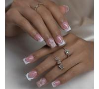 Tastetreasure Short Square French Tip Press on Nails, 3D Embossed Flower Gel Fake Nails, White Wave Design, 24-Pack Reusable Kit with Jelly Glue and File