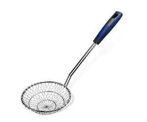 Tasty Everyday Kitchen Skimmer with Spider Head, Fine Mesh Stainless Steel Kitchen Strainer, Oil Strainer for Frying & Cooking, Soft-Touch Handle, Spider Strainer, Wire Mesh Spoon, Dark Blue & Silver