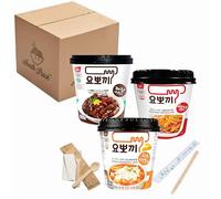 Tasty Korean Street Food - Tteokbokki 3 Pack Bundle - Microwaveable Pot Rice Cakes - Black Soybean, Sweet & Spicy and Savoury Cheese - (440g total) with Disposable Chopsticks & Cutlery