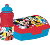 Disney Mickey Mouse Plastic Water Bottle and Red Sandwich Box 380 ml Set for Kids with Non-Slip Band and Safety Lock