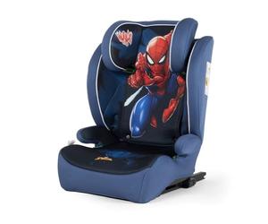 Tataway Marvel Spiderman car seat with ISOFIX Attachment for Children's Safety with a Height of 100 to 150 cm with Graphics of The Superhero Spider-Man on Blue Background