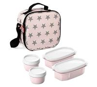 Tatay Urban Food Casual - Insulated Lunch Bag, 3L Capacity, 4 Plastic Food Storage Containers (2 x 0.5 L, 2 x 0.2 L) BPA Free, Pink with stars. Measure 22.5 x 10 x 22cm