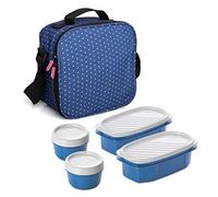 Tatay Urban Food Casual - Insulated Lunch Bag, 3L Capacity, 4 Plastic Food Storage Containers (2 x 0.5 L, 2 x 0.2 L) BPA Free, Blue with Dots. Measure 22.5 x 10 x 22 cm