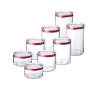 TATAY Set of 8 Kitchen Food Storage Jars (2x0,5L, 2x1, 2x1,5L, 2x2L), BPA Free, Dishwasher Safe, Stackable,Transparent, Red