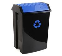TATAY Recycling container, large capacity, with tilting lid. Black body and lid and recycling symbol in blue. Measures 40.5 X 33.5 X 57.5 cm. Made of polypropylene, resistant, anti-UV