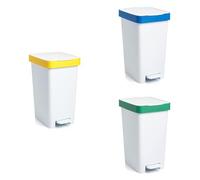 TATAY Recycling Kitchen Bins with Pedal 25L | Set of 3: Plastic & Cans, Paper & Card, Glass | Compact and Functional | Indoor and Outdoor Use | Fits 30L Bags | BPA-Free Recycled Plastic