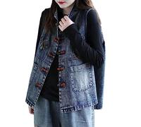 TatbUL Mens Gilet,Women'S Casual Chinese Denim Gilet Waistcoat Washed Distressed Applique Patch Denim Vest Jacket Retro Ethnic Buckle Up Pockets Jean Vest Sleeveless Jean Jacket,Blue,Xl