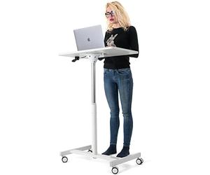 Tatkraft Trend Airlift Pneumatic Sit-Stand Laptop Desk with Wheels, Adjustable Height 29 - 45 inch Effortless Gas-Lift Regulation, Home Office Mobile Rolling Laptop Stand, Large Tabletop, White