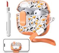 TATOFY for AirPods 4th Generation Case with Phone Stand Lanyard Lock Cleaning Kit, Compatible with Magsafe, Flowers Hard AirPod 4 Cover for Women (Orange, AirPods 4th)