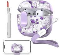 TATOFY for AirPods 4th Generation Case with Phone Stand Lanyard Lock Cleaning Kit, Compatible with Magsafe, Flowers Hard AirPod 4 Cover for Women (Purple, AirPods 4th)