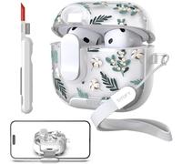 TATOFY for AirPods 4th Generation Case with Phone Stand Lanyard Lock Cleaning Kit, Compatible with Magsafe, Flowers Hard AirPod 4 Cover for Women (Green, AirPods 4th)