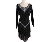 TATOS Salsa Dance Costume Fringe Latin Performance Dresses Cha Cha Dance Clothes Women's Tango Training Dance Dress,Black,3XL