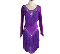 TATOS Salsa Dance Costume Fringe Latin Performance Dresses Cha Cha Dance Clothes Women's Tango Training Dance Dress,Purple,3XL