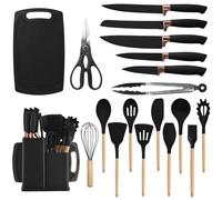 Tatqilo 19-Piece Kitchen Utensils Set, 11PCS Silicone Cooking Utensils and 5PCS Sharp Knife Sets, Knife Block & Chopping Board, Silicone Spatulas Set, Wooden Handle- Kitchen Tools & Accessories