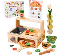 Tatqilo Wooden Pizza Counter Play Set, 50 PCS Pizza Food Toys With Oven and Kitchen Accessories, DIY Baking Playset Set, Wooden Kitchen Toys for Boys Girls Ages 3+
