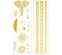 Tatsy Temporary Tattoo Set, The Festival Set, Shiny Glitter Gold, For Women and Men, Original, Unique Design, Cover Up, Fancy Patterns, Waterproof Tattoos, Elephant, Arrows