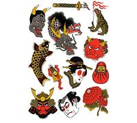 Tatsy The Japanese Set, Waterproof Temporary Tattoos Party Cover Up and For Men and Women, Asian Culture Patterns Designs Motifs Shapes, Samurai Sword Dragon Warrior Flower Geisha Frog