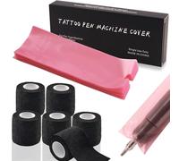 Tattoo Grip Tapes and Pen Covers - Emalla 200PCS Pink Pen Machine Bags and 6Pcs Self-adhesive Bandage Covers Grip Tapes for Tattoo Supplies