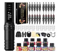 Tattoo Gun Kit, Kiss of Dragon Complete 2400mAh Rotary Tattoo Machine with 6 Line Length Options, 20 Cartridge Needles, Practice Skin Bandage for Beginners