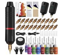 tattoo Kit with Complete Wireless Tattoo Machine 2 Batteries 20 Cartridge Needles 14 Ink Color Set for Supply RNP28KIT-1