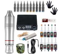 Tattoo Machine Kit - Rotary Tattoo Pen Kit with Mini LED Power Supply and Foot Pedal, Adjustable Voltage 0 to 18V, 10 Cartridges and 10 Color Set for Lining Shading Beginners,Silver