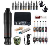 Tattoo Machine Kit - Rotary Tattoo Pen Kit with Mini LED Power Supply and Foot Pedal, Adjustable Voltage 0 to 18V, 10 Cartridges and 10 Color Set for Lining Shading Beginners,Black